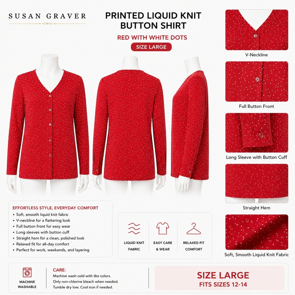 Susan Graver Women Red Polka Dot Liquid Knit Ruched Sleeve Button Front Top L